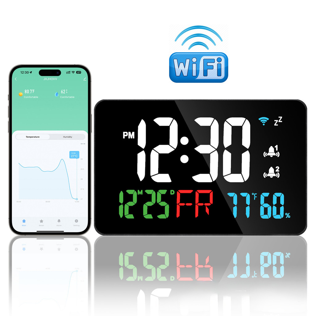 สมาร์ท WiFi Digital Wall Clock อุณหภูมิความชื้นจอแสดงผล 4 ระดับความสว่างโต๊ะโต๊ะอิเล็กทรอนิกส์ LED น