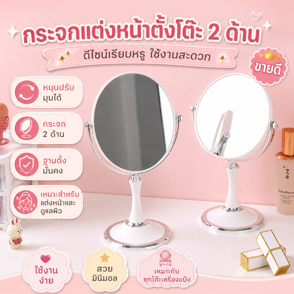 Hithome กระจกแต่งหน้ามินิมอล สไตล์เกาหลี กระจกตั้งโต๊ะ 2 ด้าน มีด้านขยาย คมชัด ไม่หลอกตา สวยหรู