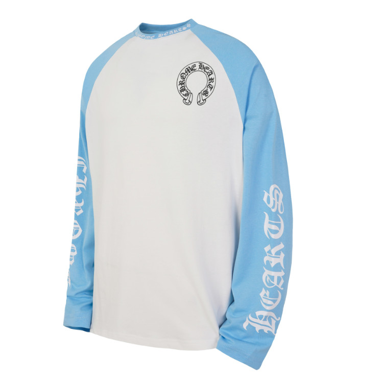 Retro Horseshoe พิมพ์หลวม All-Match ผู้ชายผู้หญิงสบายๆสีฟ้าสีขาวสีจับคู่ Raglan เสื้อยืดแขนยาว