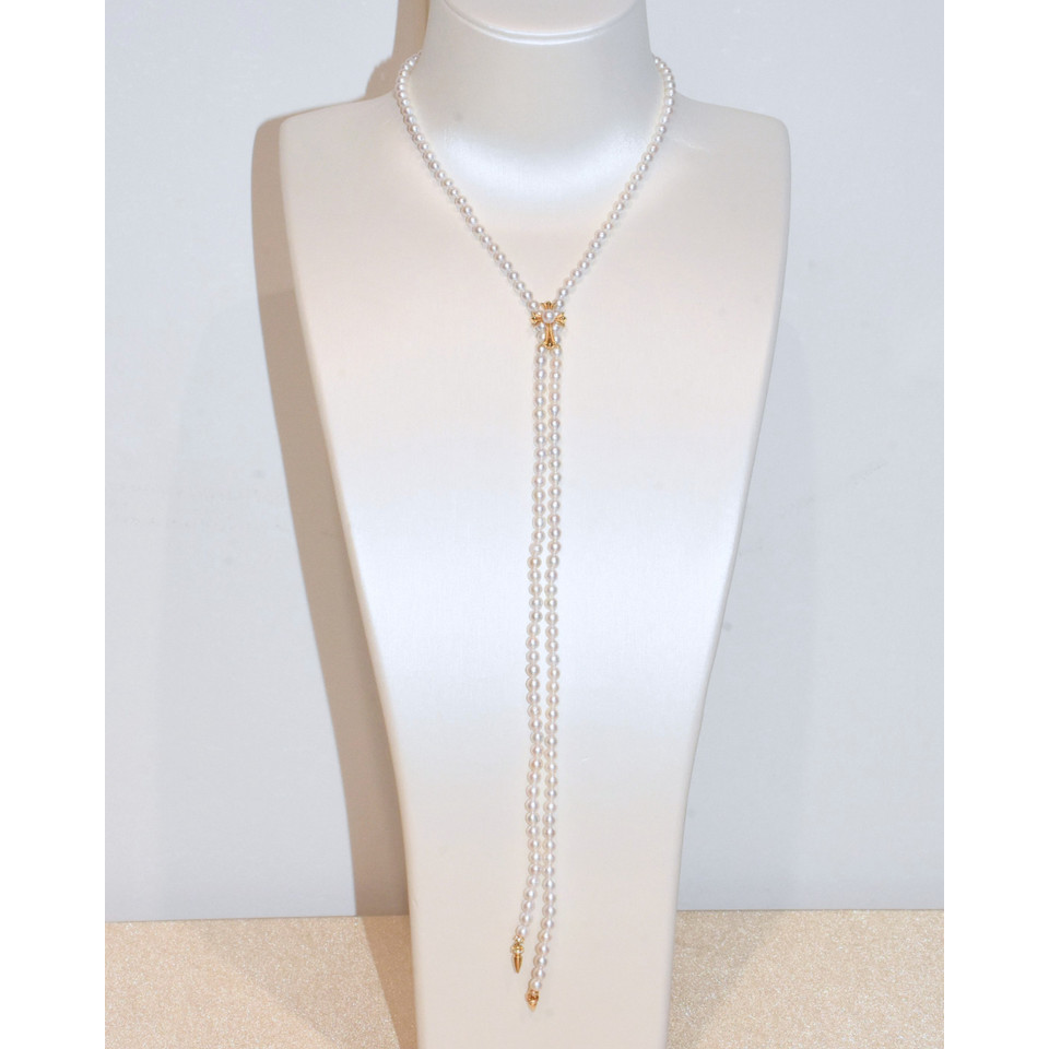 4A Freshwater Near Round Long Necklace in Silver 925 Gold Plated - Chrome Hearts Cross Clasp - White