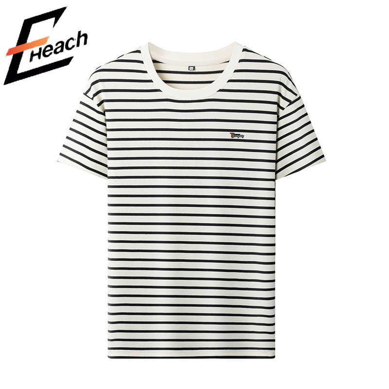 เสื้อยืดผู้ชาย ผ้าฝ้ายลายทางทันสมัย ทรงหลวมใส่สบาย มีสไตล์