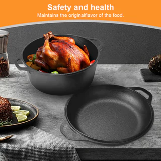 [Elizabeth1.th] 2 in 1 Iron Dutch Oven หม้อเตาอบ Dutch พร้อม Dual Handles Skillet ชุดเครื่องครัวสําหรับขนมปังทอดเบเกอรี่ Camping BBQ [Elizabeth1.th]