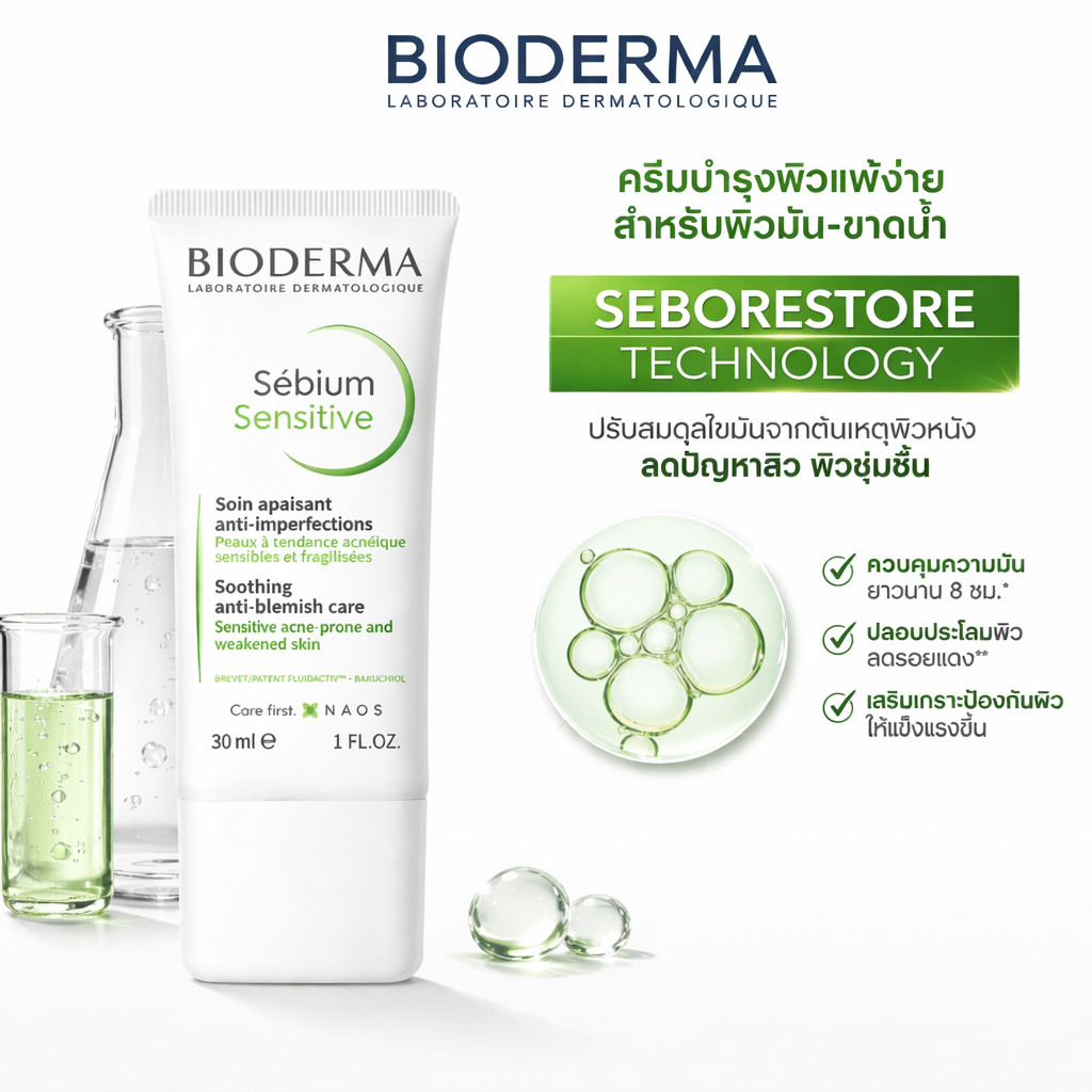 Bioderma Sebium Sensitive 30ml ครีมบำรุงผิวมัน ผิวผสม เป็นสิวง่าย ช่วยคุมมัน ปลอบผิว เสริมเกราะผิว ชุ่มชื้น เรียบเนียน