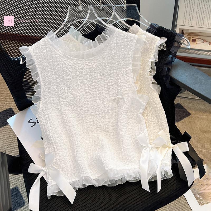 [Vest โบว์เนค] ฤดูร้อน ผู้หญิงแขนกุดลูกไม้ สไตล์สแลม เสื้อสีทึบ