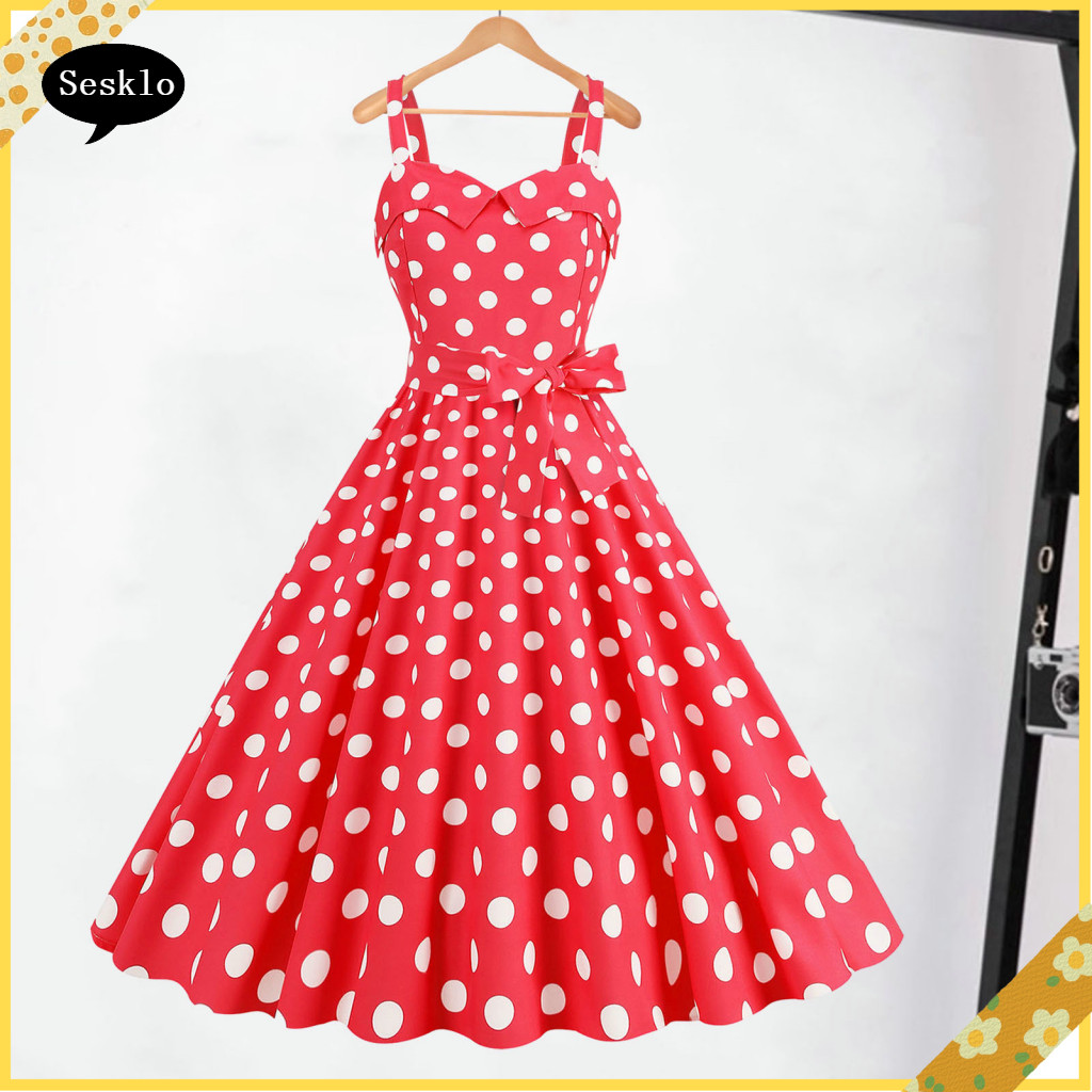[SK] Bow Halter Dress Vintage Backless Dress Womens 50s Vintage Retro Polka Dot A-line Dress อกยืดหย
