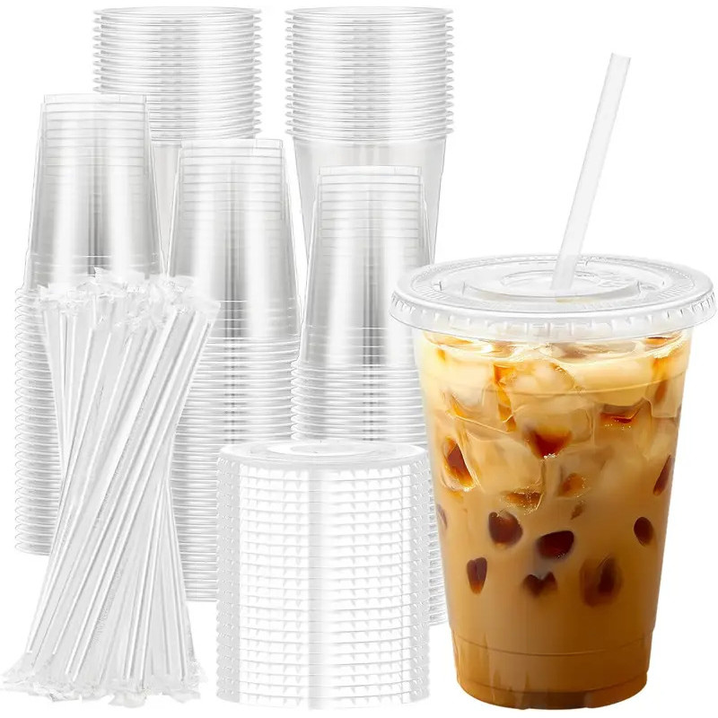 16 oz Clear Plastic Cups with Lids and Straws Disposable Plastic Coffee Cups with Lids for Iced Coff