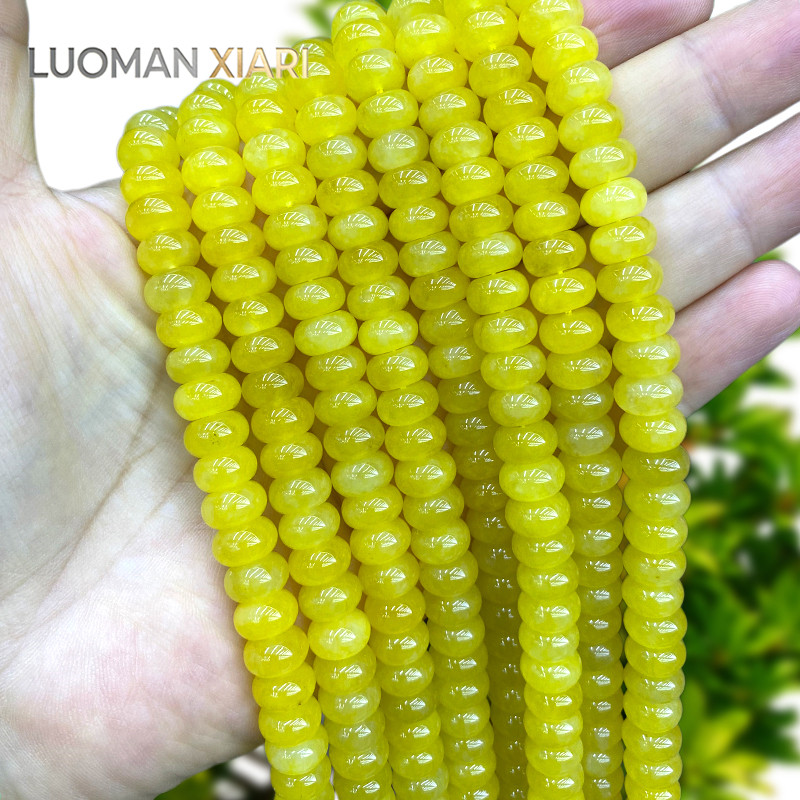 หินธรรมชาติ 6x10 มม.Rondelle Amber สีเหลืองสี Chalcedony Spacer ลูกปัดสําหรับเครื่องประดับทํา Diy สร้อยข้อมือ Charms อุปกรณ์เสริม