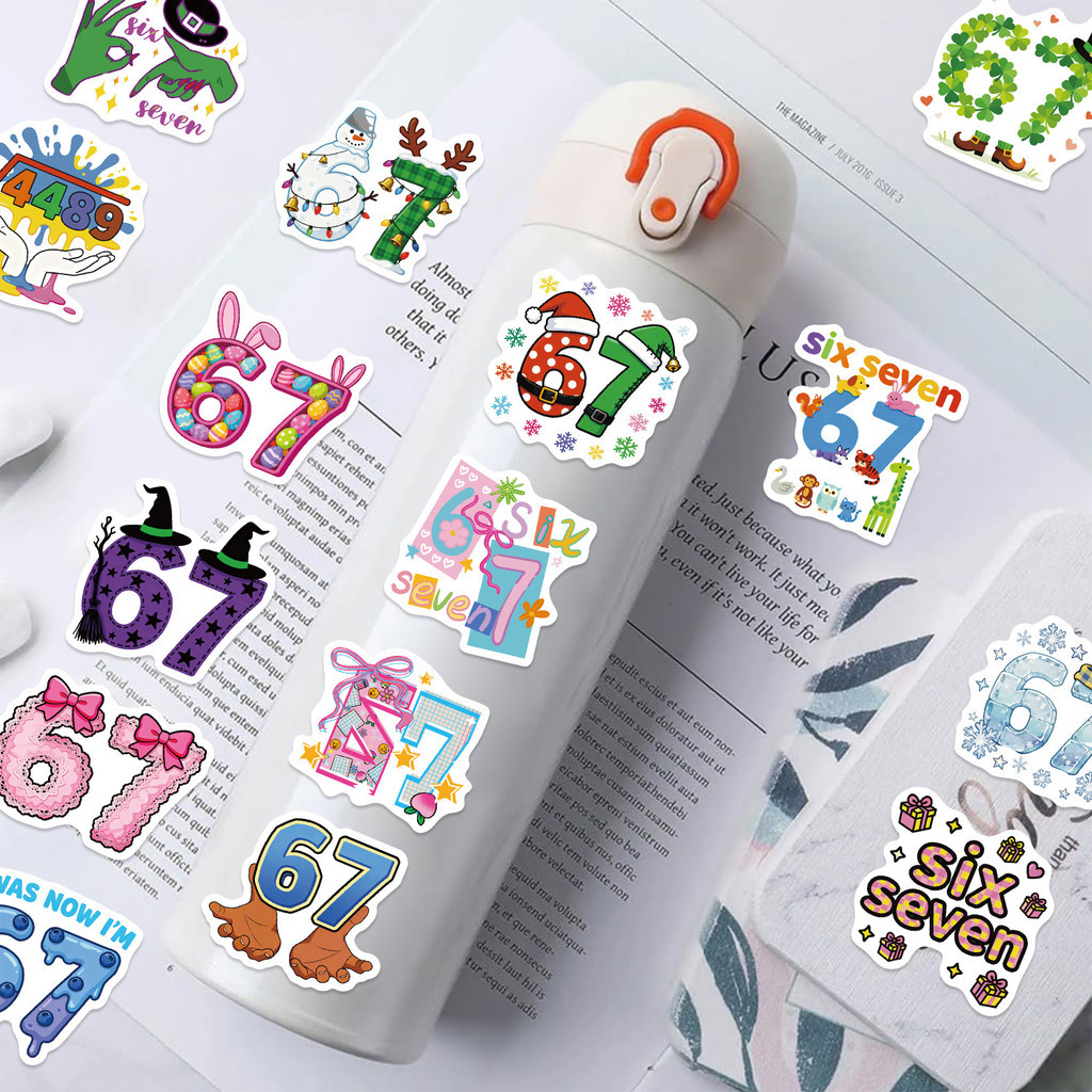 67 Sticker สุดปั่น 50ชิ้น กันน้ำ ลายไวรัลติดหู ติดกีตาร์ โน้ตบุ๊ก  Funny Meme Decals สติกเกอร์เลข