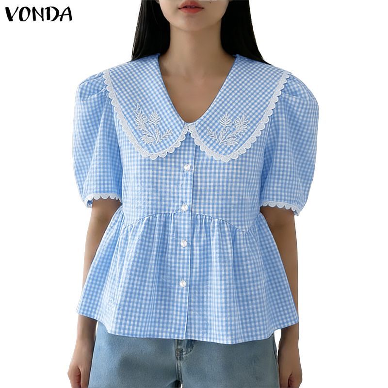 Vonda เสื้อผ้าแฟชั่นเกาหลีสำหรับผู้หญิง ดีไซน์ลายสก๊อตดอกไม้ พิมพ์ลาย Peter Pan Collar พร้อมขอบลูกไม้และปุ่มไข่มุก ทรง A-line สไตล์ครึ่งแขน