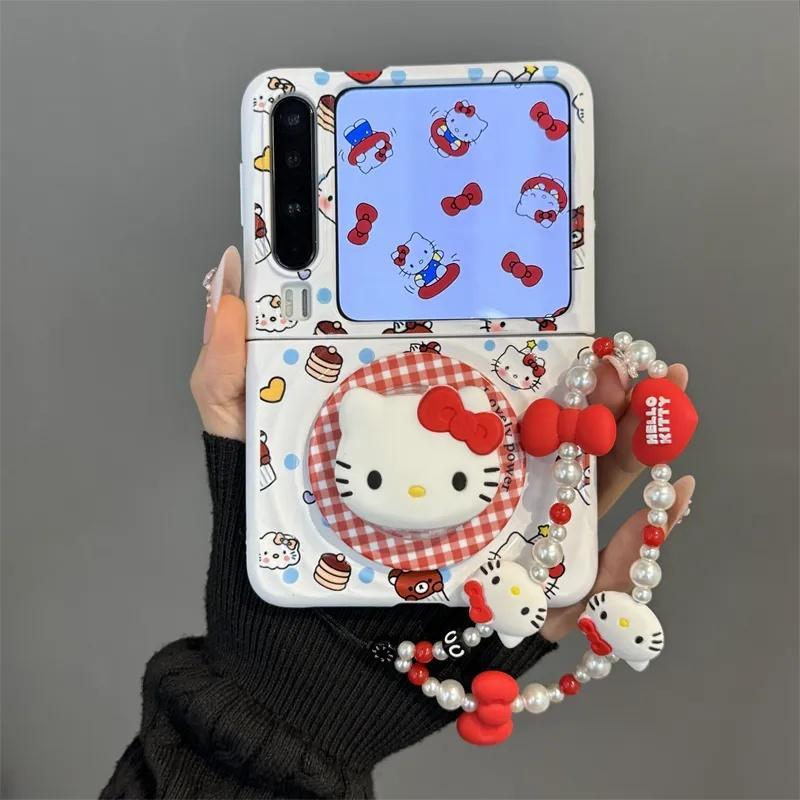 Samsung Galaxy Z Flip 7/Z Flip 6 การ์ตูน Kitty Cat Wave เคสโทรศัพท์แม่เหล็กรวมเชือกเส้นเล็กพับฮาร์ดเ