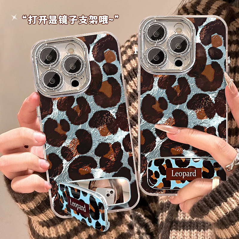Retro เสือดาวพิมพ์กระจกวงเล็บเหมาะสําหรับ Apple 16 เคสโทรศัพท์ 15 มูลค่าสูง ipone17proma Xiaomi 14Re