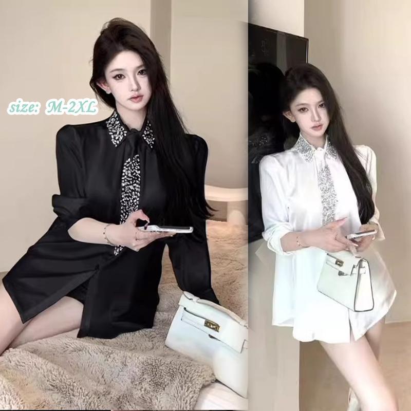 99398คอลเลกชันใหม่ฤดูใบไม้ผลิ เสื้อเชิ้ตแขนยาวผ้าซาตินงานหนัก ประดับคริสตัลเม็ดเล็กและลูกปัด มีดีไซน์เนคไท สำหรับผู้หญิง