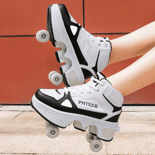 Big สี่ล้อ Pulley รองเท้าชายหญิงเด็ก Runaway Shoelaces ล้อกีฬารองเท้าสเก็ตบอร์ดกลางแจ้ง Double-Row Roller Skates One-Button สวิทช์ Au
