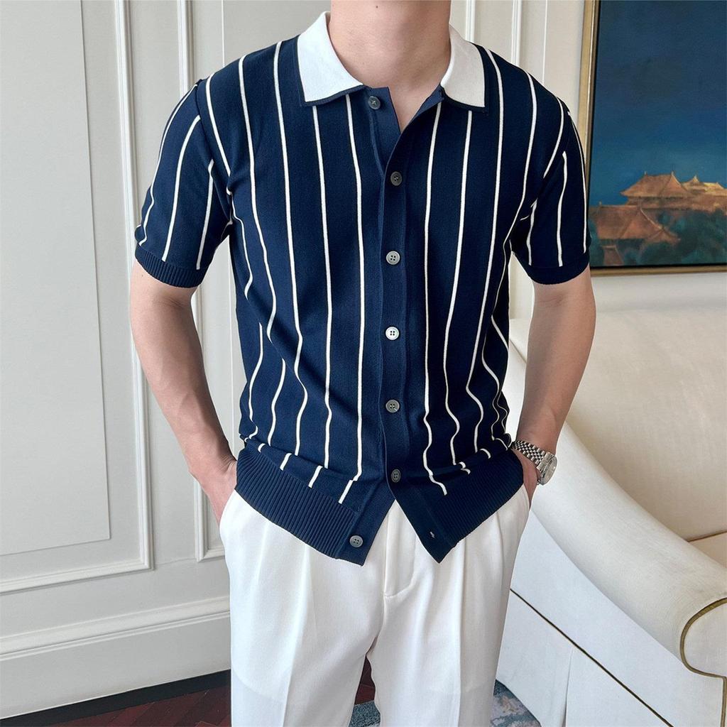 Old Money Style Lapel Striped เสื้อกันหนาวผู้ชายแขนสั้น Slim-Fit Breathable Business POLO Collar