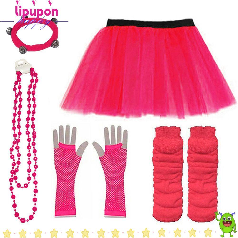 LIPUPON Neon 80s ถุงมือลูกปัด Prom party Tutu กระโปรง Hen Party