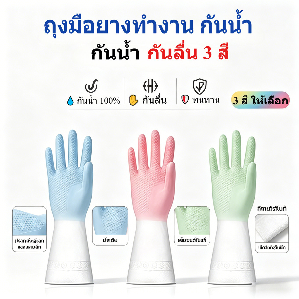 ถุงมือยางกันน้ำแบบสีต่ำ-สีสูง หนาและยาว ทนทาน ใช้ในบ้าน ไม่ทำลายมือ ขัดจานได้ ทนต่อการซักล้าง ถุงมือยางสำหรับซักจาน