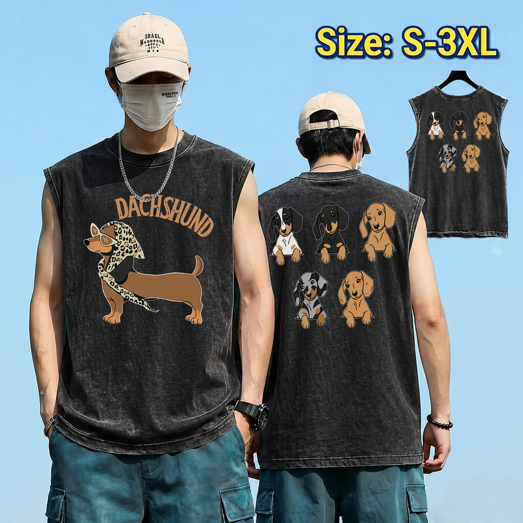 Sea.Tee เสื้อแขนกุด oversize ผ้าCotton100% เสื้อวินเทจ sleeveless vest ใส่สบาย 'DACHSHUND DOG' 3XL