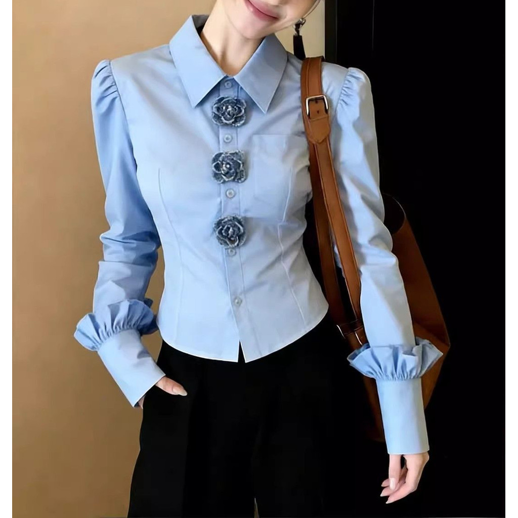 เสื้อเชิ้ตแขนยาวคอเหลี่ยมแบบใหม่แบบสั้นแบบบาง