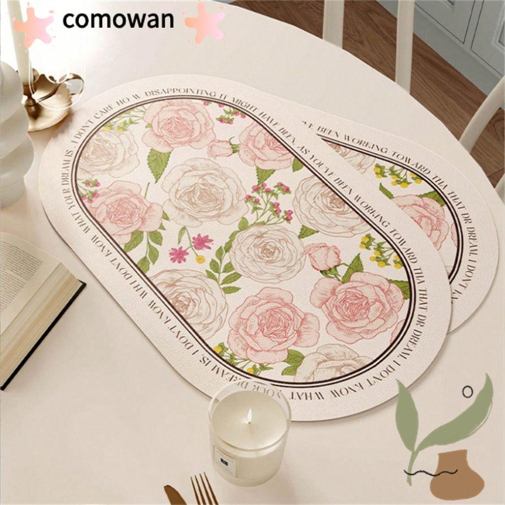 COMWAN แผ่นรองจานลายดอกไม้, แผ่นรองโต๊ะอาหารทนความร้อนวงรี, หนังย้อนยุคกันลื่นกันน้ํา Place Mats Coaster Table Decor