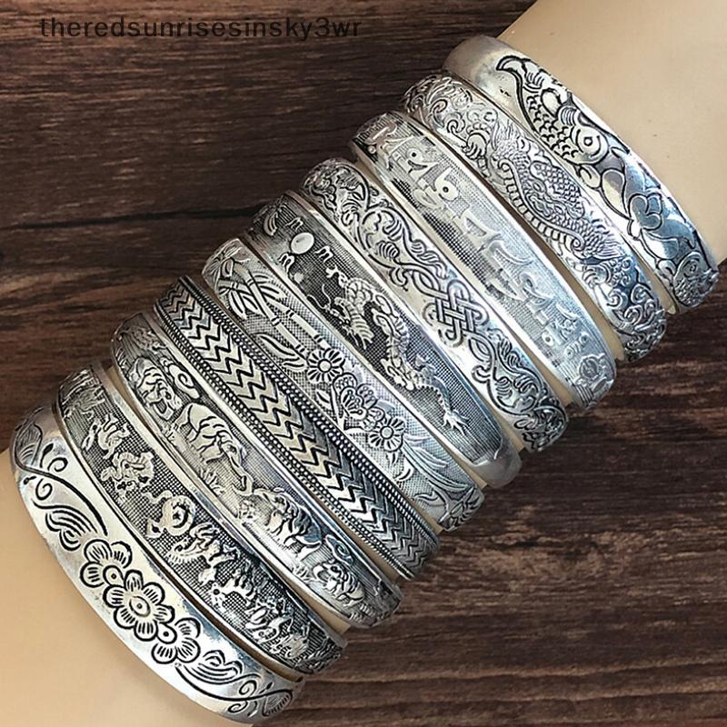(the) Retro เปิดสร้อยข้อมือเครื่องประดับ Vintage ทิเบตเงิน Totem แกะสลักกําไลข้อมือ Cuff (TH)