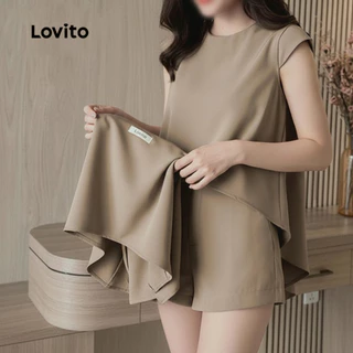 Lovito ชุดกางเกงขาสั้นแคชชวลพร้อมพลีท สำหรับฤดูใบไม้ผลิ/ฤดูร้อน สีคากี L154ED206