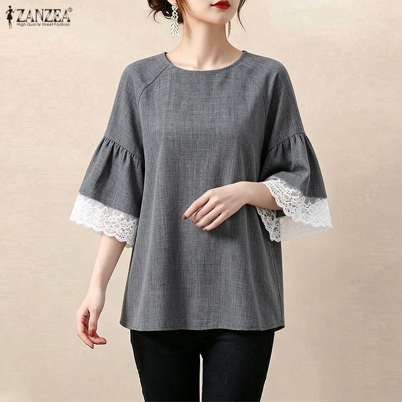 ZANZEA ใส่ ซานเซีย ผู้หญิงเกาหลีสบายๆรอบคอครึ่งแขนหลวมนัวเนียแขนลูกไม้ ประกบกัน เสื้อ — صورة 4