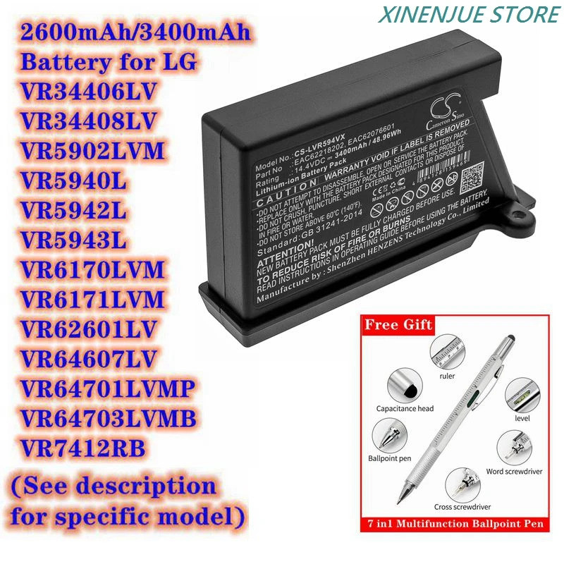 เครื่องดูดฝุ่น 2600/3400mAh แบตเตอรี่สําหรับ LG VR34406LV,VR34408LV,VR5902LVM,VR5940L,VR5942L,VR5943