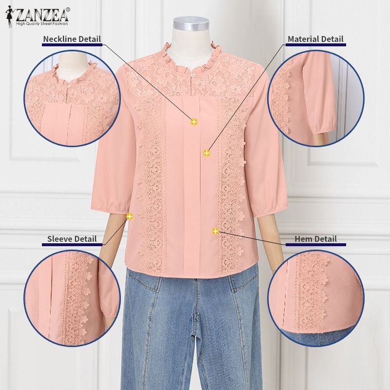 ZANZEA เสื้อลูกไม้คอกลม 3/4 สําหรับผู้หญิงเกาหลี — صورة 7