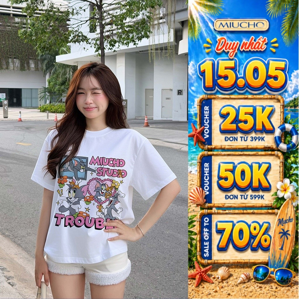 น่ารักแมวและเมาส์การ์ตูนเสื้อยืดทรงกล่องผู้หญิง มิวโช 3665