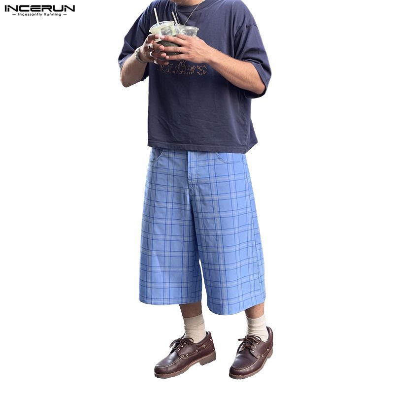 INCERUN Men Vintage Vintage Classic เอวสูงปุ่มด้านหน้า Checkered Cropped กางเกงขากว้าง