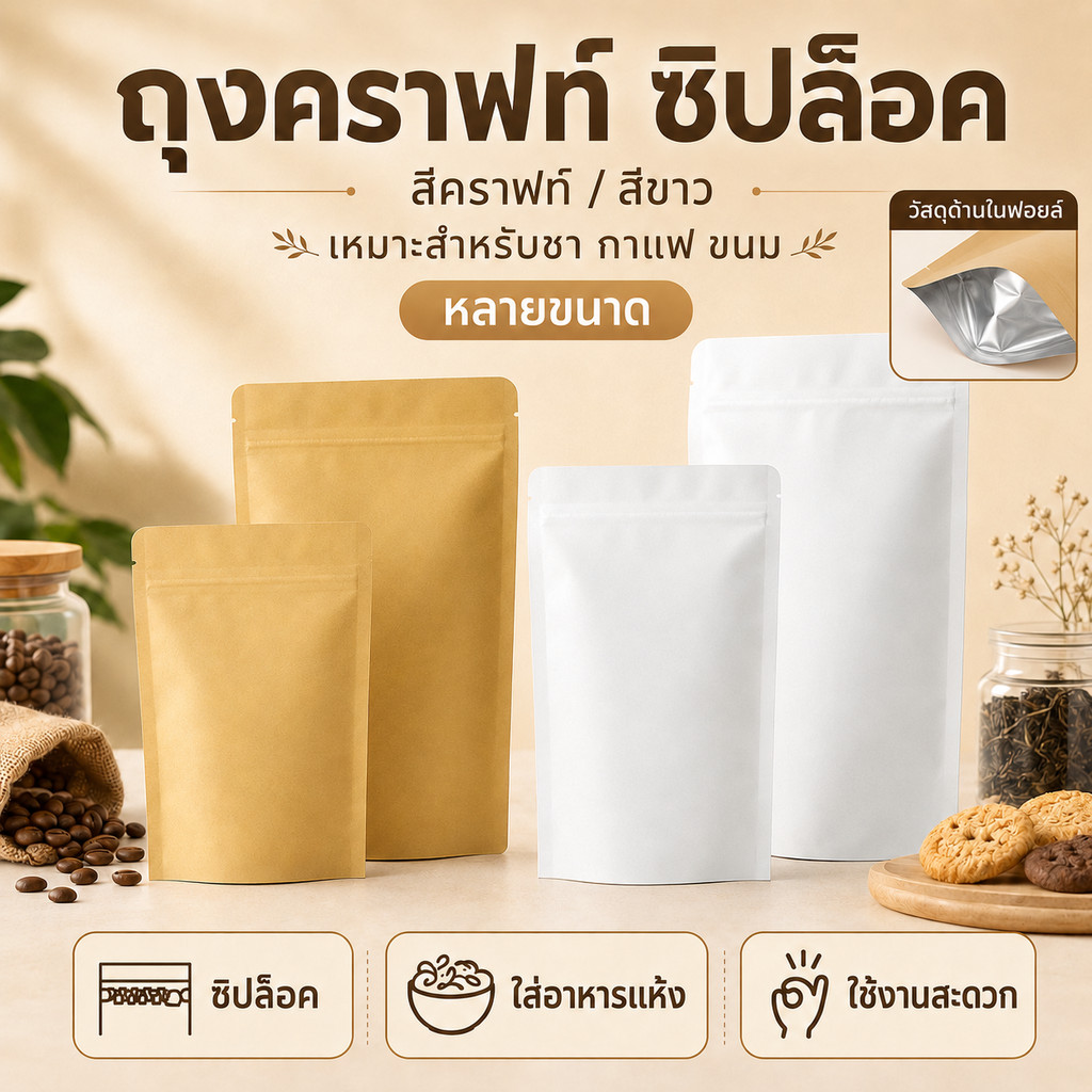 ถุงคราฟท์ซิปล็อค 50ใบ ถุงฟอยล์ตั้งได้ สีขาว/น้ำตาล กันชื้น ใส่ชา กาแฟ ขนม