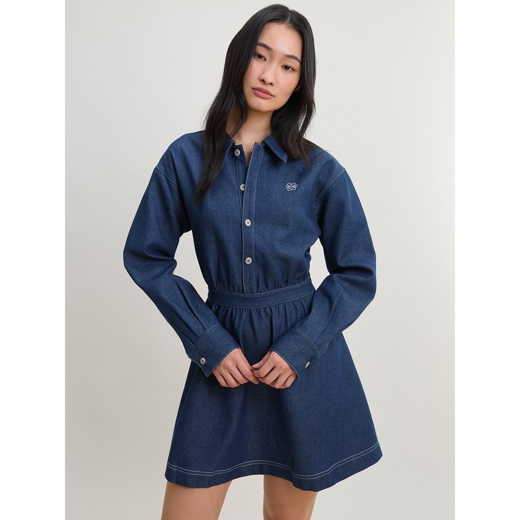 [Pomelo] เดรสสั้นคอปกเสื้อเชิ้ตผ้ายีนส์ / Denim Collared Shirt Mini Dress