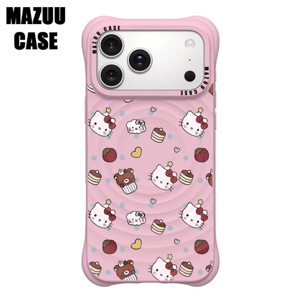 เคสไอโฟน แม่เหล็ก ลอนคลื่น กันกระแทกมุมหนา ซิลิโคนสีชมพู ลาย HelloKitty หมีเค้ก เมฆ จุดไอศรี iPhone 17 16 15 14 13 12 11