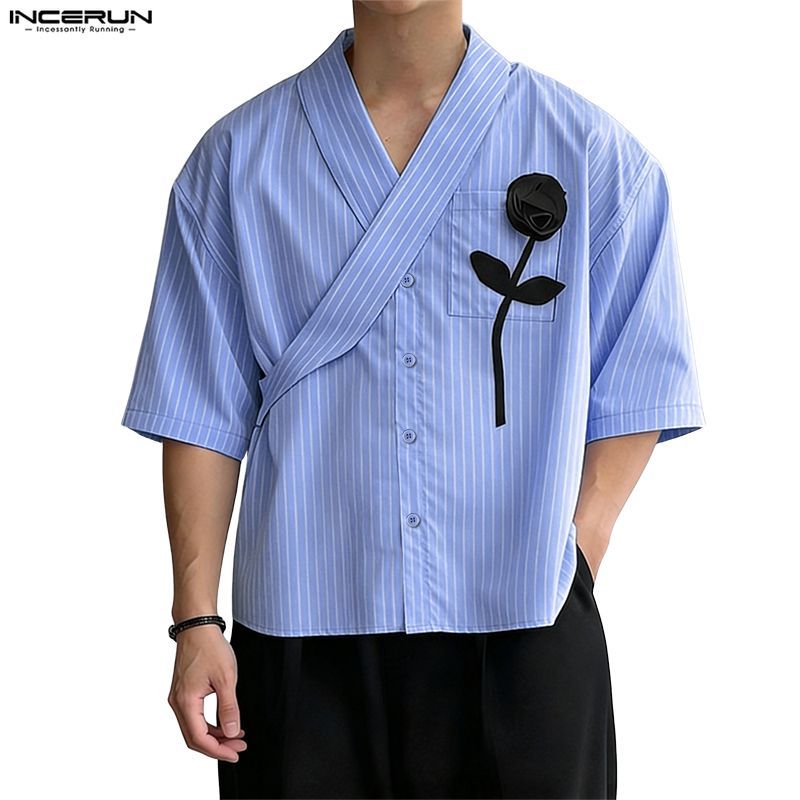 INCERUN เสื้อลายทาง สไตล์เกาหลีโรแมนติก แขนสั้น ตกแต่งลายดอกไม้ 3 มิติ