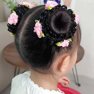ชุดวิกผมเด็กน่ารัก 2 ชิ้น พร้อมยางรัดผมประดับดอกไม้ เครื่องประดับผมสุดน่ารักสำหรับเด็กผู้หญิง