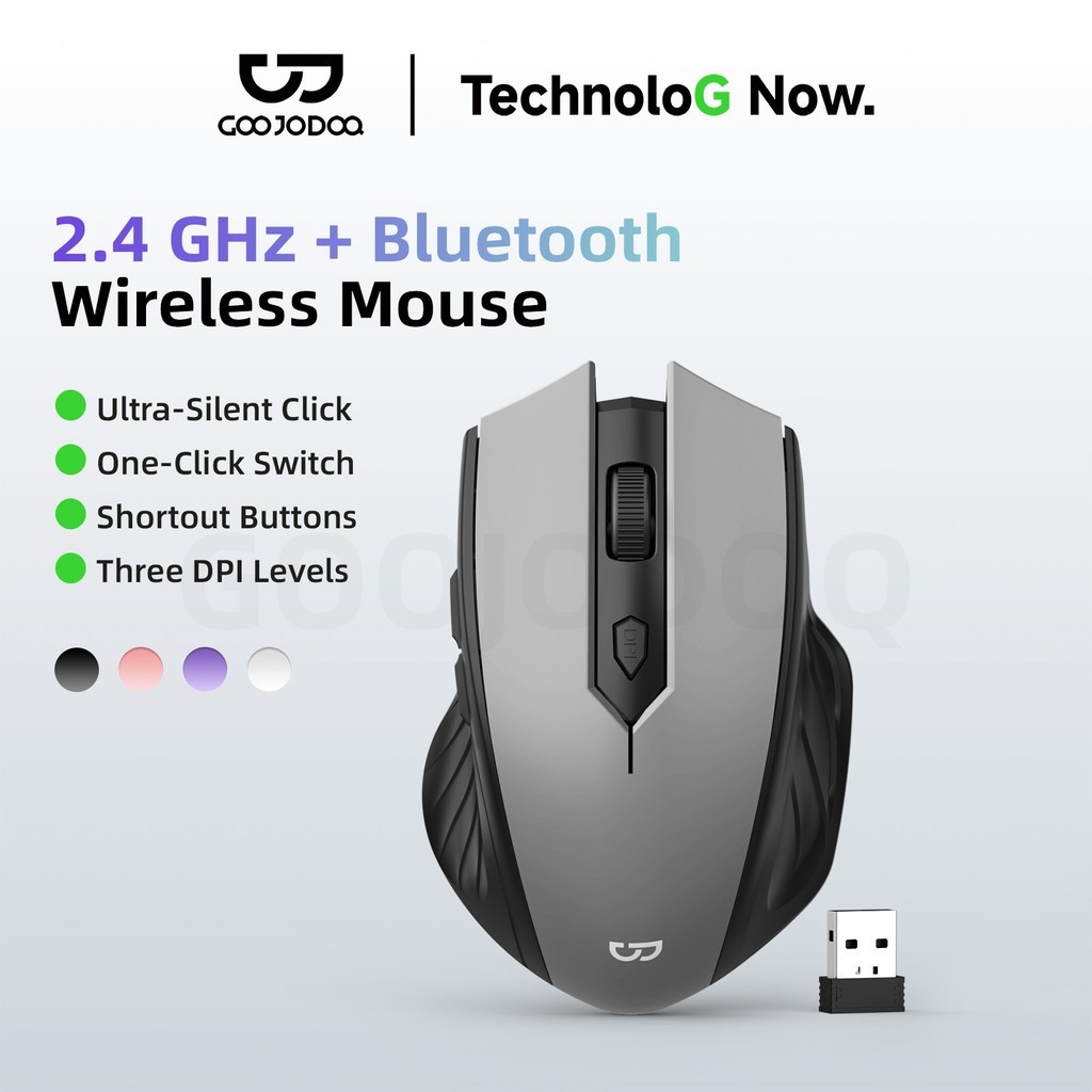 GOOJODOQ 2.4 GHz + Bluetooth Wireless Mouse Ultra-Silent Click Three DPl Levels Enhanced Productivity Side-Keys