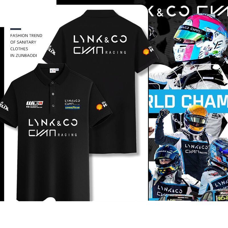 ชุดแข่งรถ Lynk & Co TCR สำหรับผู้ชาย, ชุดทีมฤดูร้อนสีน้ำเงิน, เสื้อยืดคอปกแขนสั้น