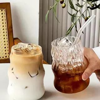MOON 530 มล. ถ้วยแก้วกาแฟคาเฟ่ สไตล์เกาหลี ทรงกลม ลายตรงแก้วใส ดื่มนมชา บอโลซิลิเกต ทนความร้อน