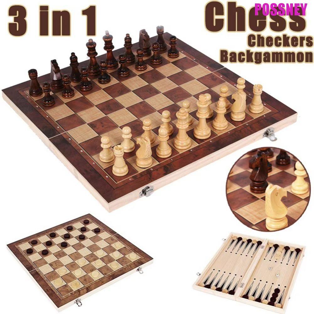POSSNEY Chess&Backgammon&Checkers Set, 3-in-1 Wooden Board Games Set, Family Game Checkerboard Educa