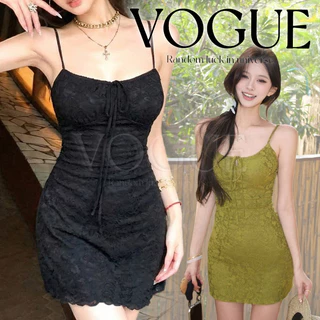 Vogue🌟พร้อมส่ง🌟 ชุดเดรสมินิ ดีเทลผูกโบว์ ผ้าลูกไม้ โชว์สัดส่วนยืดตามตัว (FY1994#1)