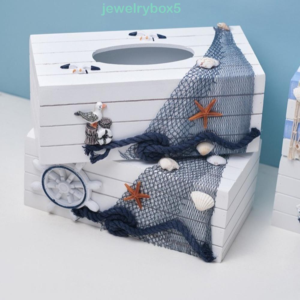 JEWELRYBOX5 กล่องเก็บทิชชู่, ที่ใส่ผ้าเช็ดปากไม้สไตล์เมดิเตอร์เรเนียน, ตกแต่งห้องชายหาด Ocean Themed กล่องกระดาษตกแต่ง Home