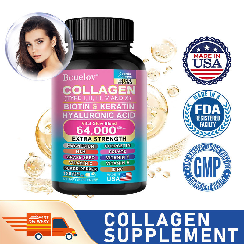 อาหารเสริมคอลลาเจน 14-in-1-64000MCG สําหรับผมสุขภาพดี, แคปซูลมังสวิรัติสําหรับผู้ชายและผู้หญิง TC3Y