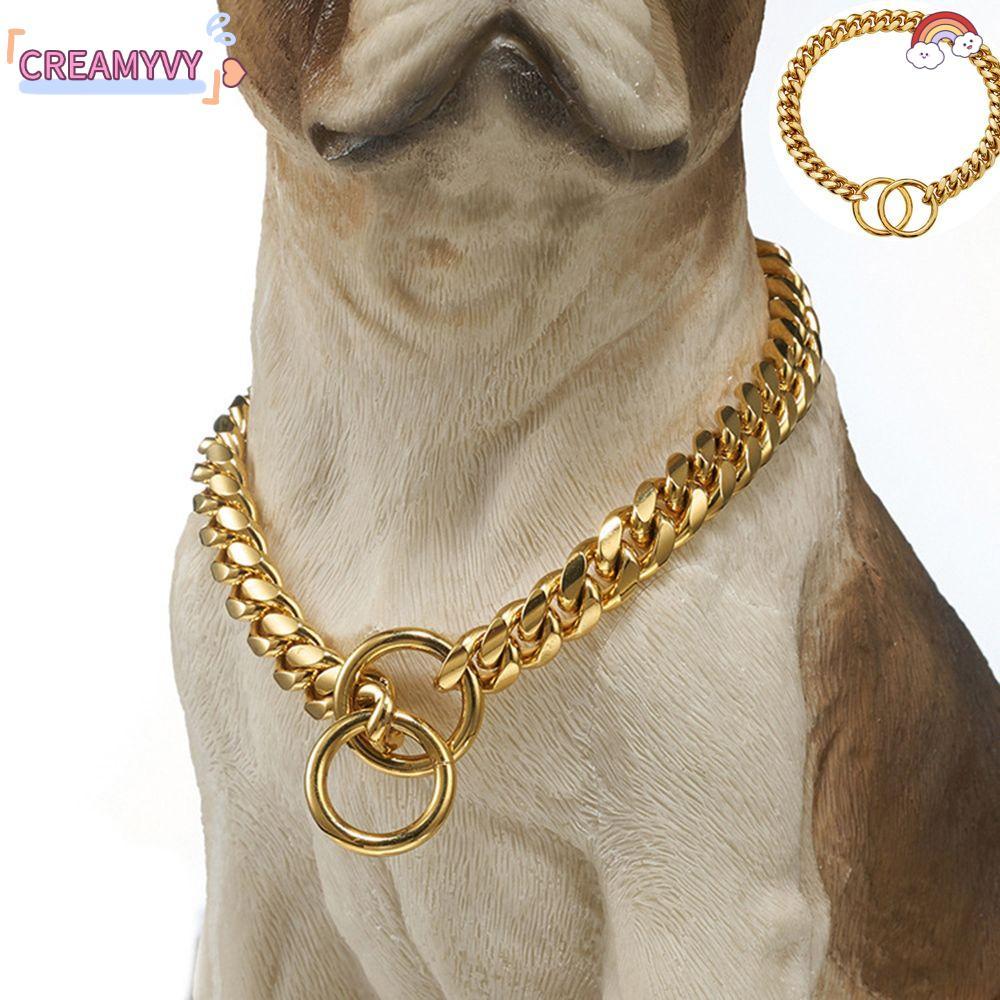 CREAMYVY Golden Chain ทนทานการเข้ารหัสแหวนสุนัขสร้อยคอสุนัขสัตว์เลี้ยงเมทัลลิก