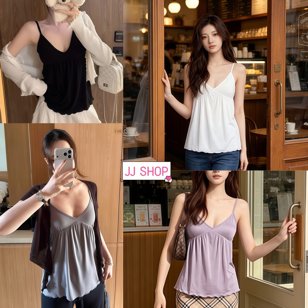 JJ Shop​💜เสื้อกล้ามสายบางสตรี คอV ดีไซน์กระโปรงผ่อนคลาย ปลายเสื้อลายคลื่นผ้าอ่อน สไตล์หวานเรียบง่าย-FY2057