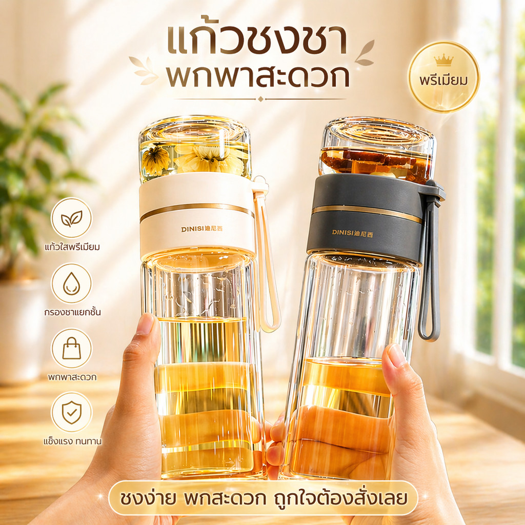 กระบอกชงชา แก้วชงชา 400ml พร้อมที่กรอง แบบพกพา Double Wall Glass ทนความร้อน พร้อมส่ง