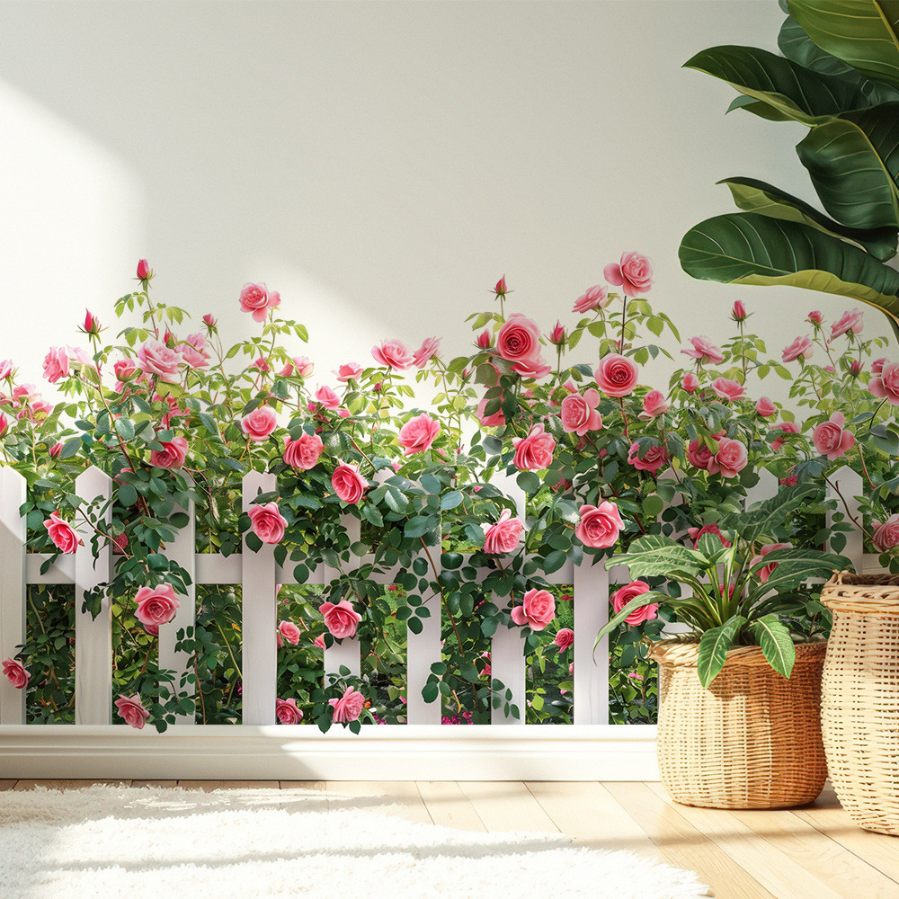 Rose Flower Fence Wall Beautification Sticker, วัสดุ PVC ที่ถอดออกได้-ห้องนอนผนังตกแต่ง Baseboard Self-Adhesive สติกเกอร์, Wall Scratch Cover