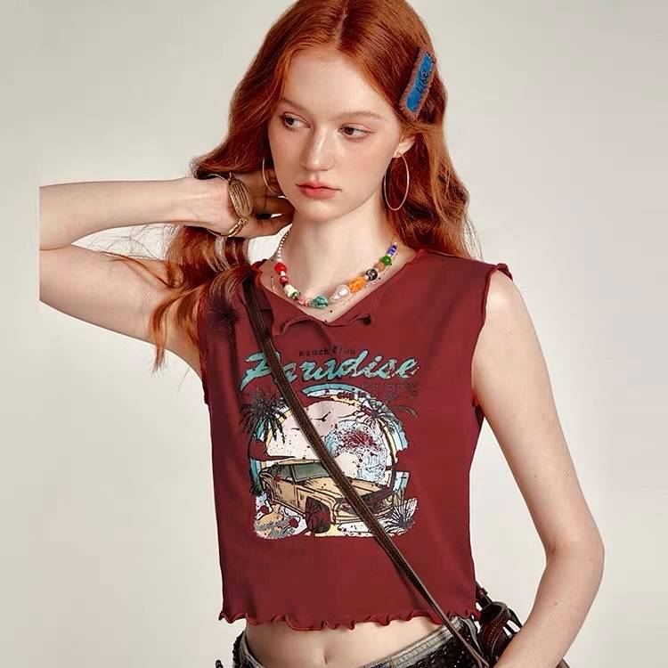American Retro Printed Small V-neck Wooden Ear Short Midriff Outfit Sleeveless T-shirt Vest Top B3n2