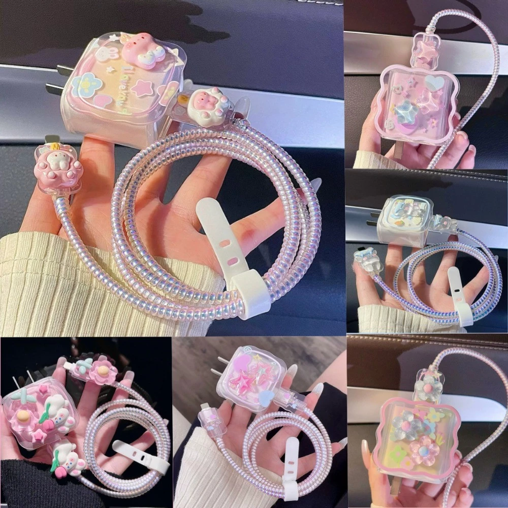 【จัดส่งจากประเทศไทย】ชุดดูแลสายชาร์จลายการ์ตูนสุดน่ารัก 5 ชิ้นสำหรับตัวป้องกันสายเคเบิลอะแดปเตอร์ชาร์จเร็ว iPhone 20W
