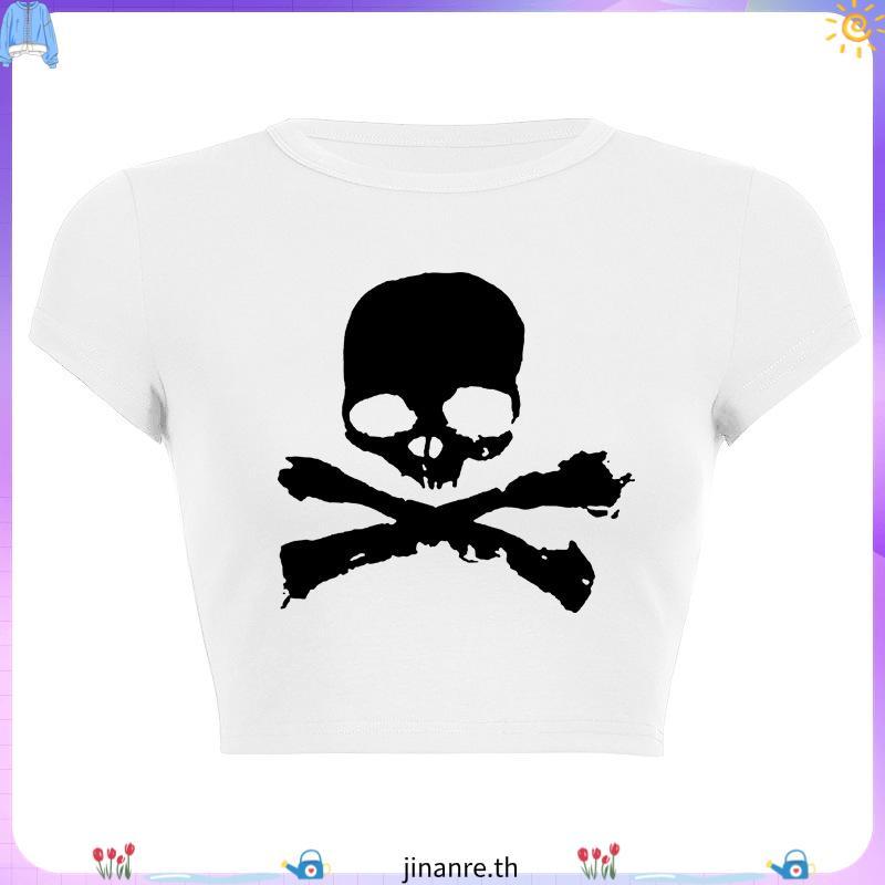 ❉GX♠y2k Women Fashion Round Neck Skull Print Knitting Party Casual Tops Elastic Shirts