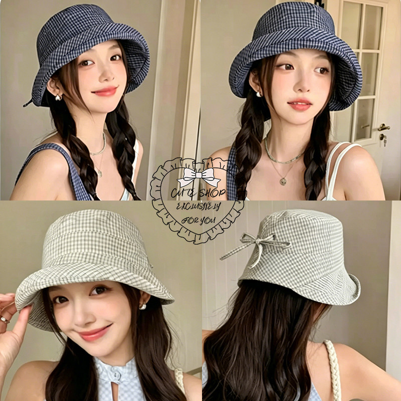 หมวกทรงบักเก็ตสำหรับผู้หญิง ลายสก็อต สีฟ้า ดีไซน์ผูกเชือก ปีกกว้าง ทันสมัย สไตล์ญี่ปุ่น น่ารัก มีให้เลือกหลายสี